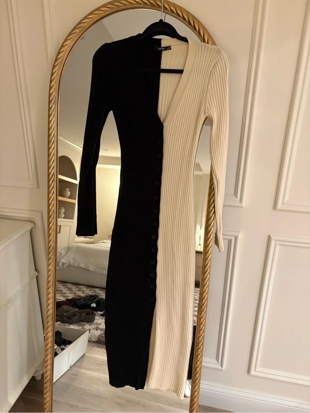 Lefton Two-Tone Black and Cream Ribbed Button-Front Long Sleeve Dress